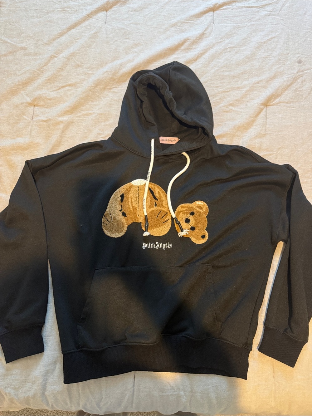 Unisex Palm Angels Black Hoodie with Distressed Teddy Motif